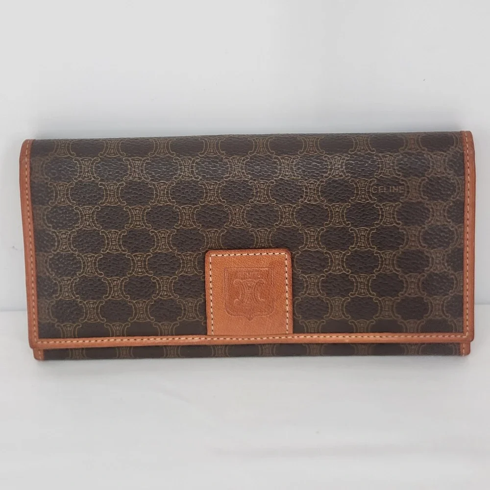 Celine Vintage Macadam Canvas Long Wallet Triomphe Logo Brown Tan Kiss Lock